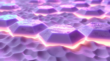 Fototapeta premium 3D render. Abstract background with purple glowing hexagons on a white sand texture. 