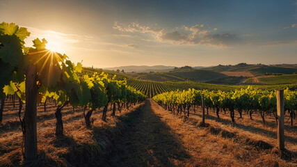 Naklejka premium Beautiful rows of grapes before harvesting. Generated AI