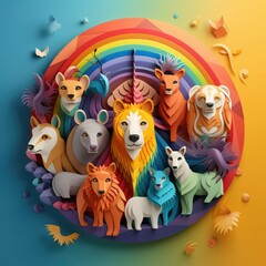 Colorful paper cutout illustration of various animals within a circle, featuring a vibrant rainbow background and intricate details.