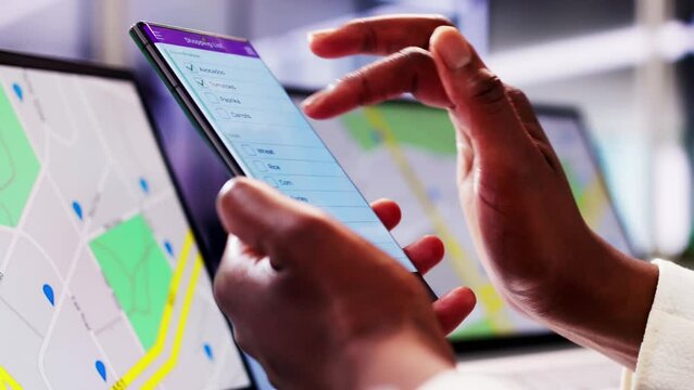 Female Lawyer Locating Property Boundaries with GPS Navigation on Smartphone During Court Petition
