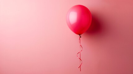 Single red balloon is floating on a minimalist pink background with copy space