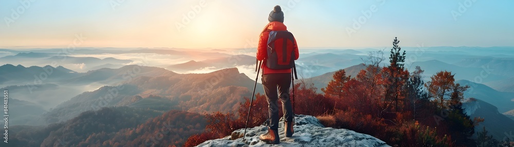 Poster Solo Hiker Capturing the Beauty of a Scenic Viewpoint on a Mountain Trail