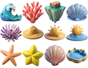 3D Cartoon Summer Tropical Nature Icon Set - Isolated Clipart on Transparent Background