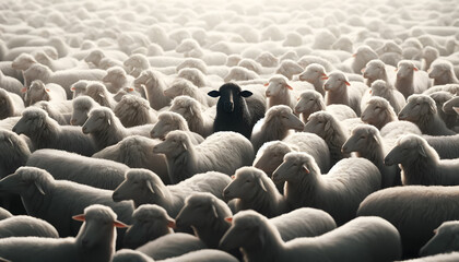 Fototapeta premium a flock of white sheep with one black sheep standing out in the center. The white sheep surround the black sheep, creating a strong visual contrast.
