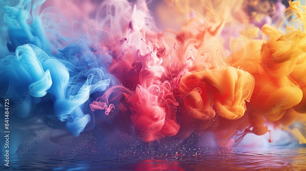 Aufkleber Colorful inks collide together from left and right in a visually striking, realistic style with three-dimensional light. Generative AI.