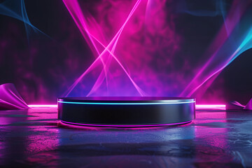 Futuristic Black Podium with Neon Pink and Blue Lighting in a High-Tech Setting
