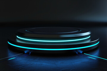 Futuristic Black Podium with Neon Blue Lighting in a High-Tech Setting