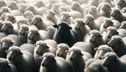 Obraz premium a flock of white sheep with one black sheep standing out in the center. The white sheep surround the black sheep, creating a strong visual contrast.