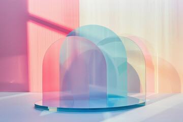 Colorful Transparent Arch Podium with Soft Pastel Background in Modern Setting