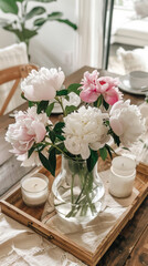 A wooden tray, a glass vase, white and pink peony flowers, a candle, a wooden dining table