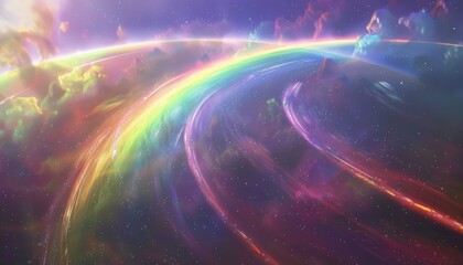 Obraz premium A vibrant rainbow streaks through a celestial landscape, swirling clouds and bright light create a surreal, otherworldly scene.