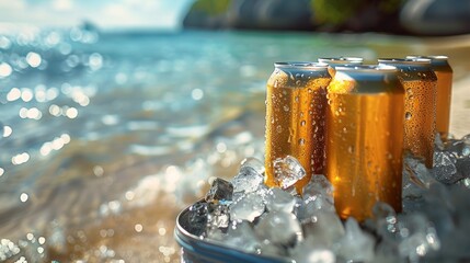 Cans of beer in a container with ice on the beach