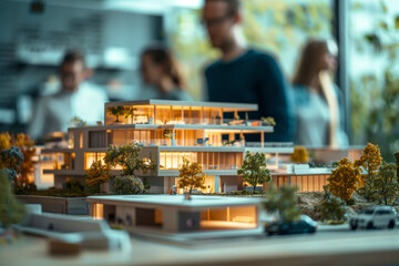 A group of architects stand around a detailed model of a city building. The model is lit up and shows the buildings facade, balconies, and surrounding greenery