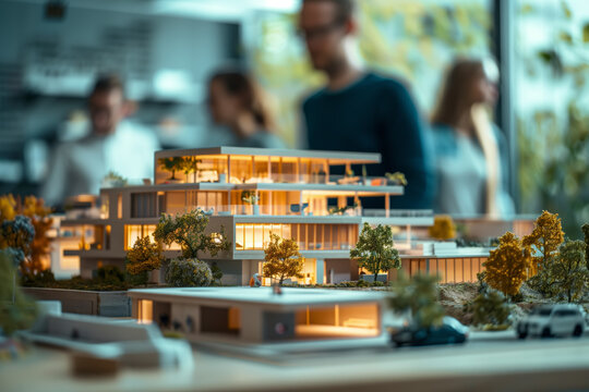 A group of architects stand around a detailed model of a city building. The model is lit up and shows the buildings facade, balconies, and surrounding greenery