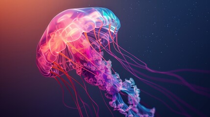 Fototapeta premium Colorful Jellyfish Floating Gracefully In Ocean Depths With Glowing Tentacles And Transparent Bell, Beautiful Marine Sea Life