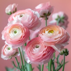beautiful Ranunculus flowers on a light pink background