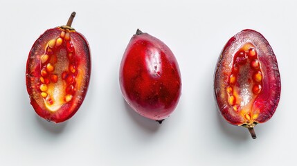 Three pieces of Tamarillo fruit Solanum betaceum on a white background Viewed from above
