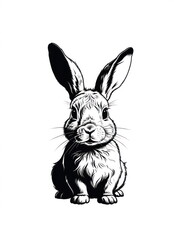 Fototapeta premium Digital illustration of rabbit sitting with its front paws tucked underneath. The rabbit is drawn in black and white, with its fur shaded to create a sense of depth and texture