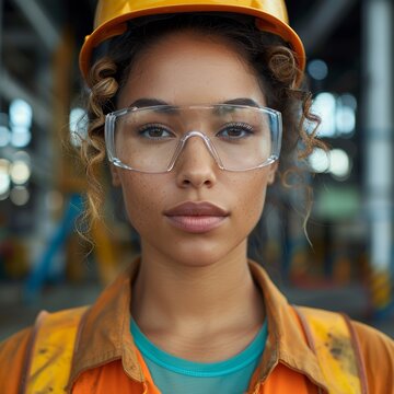  portrait of beautiful mixed female engineer at oil refinery wearing construction hemlet and safety glasses
