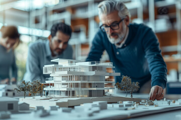 A group of architects work together on a detailed model of a city building. They are focused on their project in a modern office space, with a focus on sustainable design