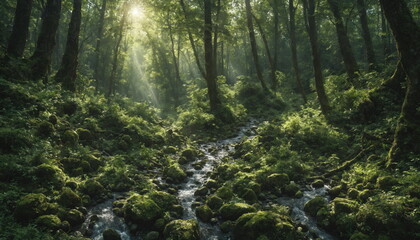 Fototapeta premium Sunbeam breaks through the dense canopy of a lush forest, illuminating a stream winding its way through a bed of moss-covered rocks