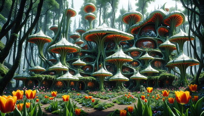 Fototapeta premium Fantastical mushroom shaped house in a lush green forest, surrounded by a vibrant tulip garden bathed in the warm sunlight