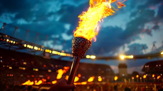 The Olympic torch framed by bustling stadium. Looping 4k video animation background