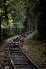 Obraz premium Early morning. Old railway in a mountain forest.