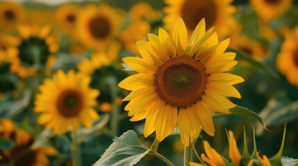 Fototapeta premium Close up of a sunflower in a field of sunflowers