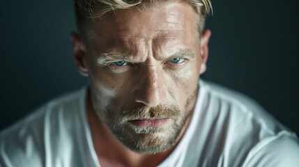Obraz premium Handsome confident blond man, staring serious and cool at camera, wearing white t-shirt, white background