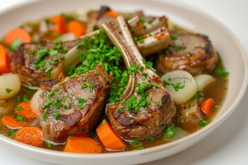 Fototapeta premium Artfully Arranged Ballymaloe Irish Stew with Juicy Lamb and Flavorful Vegetables