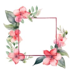 Watercolor floral frame with pink flowers and green leaves on a white background. Digital art of brown square picture frame decorated with light pink pastel flower. Romantic botany concept. AIG35.