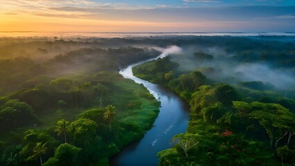 dense green verdant rainforest with tranquil river