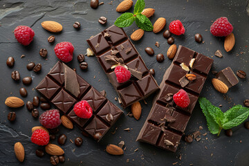 chocolate bars with raspberries and nuts
