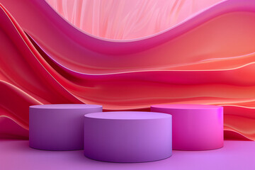 Vibrant Pink and Purple Podium with Flowing Fabric Background in Modern Setting