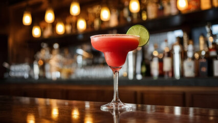 glass strawberry margarita sits wooden bar counter. drink garnished lime wedge. background blurry bar shelves of liquor bottles. concept: summer refreshing alcoholic drink cocktail 