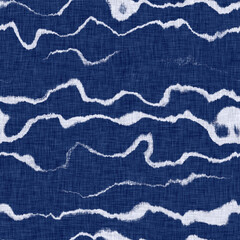 Wavy tie Dye stripe with linen effect seamless texture. Masculine blue white striped print background. 