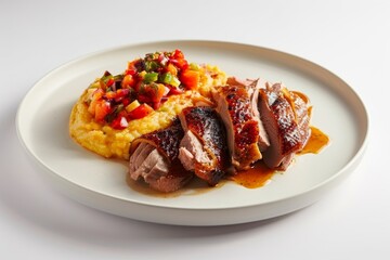 Naklejka premium Balinese Duck Confit with Exotic Fruit Salsa and Unforgettable Flavors