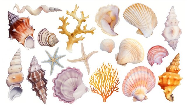 Seashells and corall in watercolor style on white background