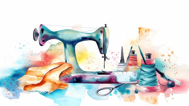 sewing tools in watercolor style on white background