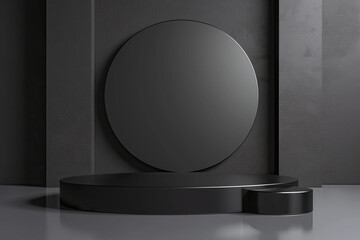 Sleek Black Circular Podium on Dark Textured Surface in Minimalist Setting
