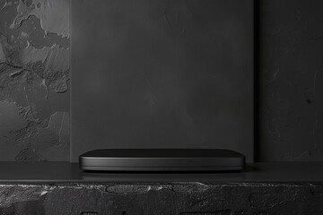 Sleek Black Podium on Modern Dark Textured Surface in Minimalist Setting