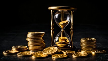 Golden coins and hourglass clock, Investment, Deposit, Growth of income and savings money concept.