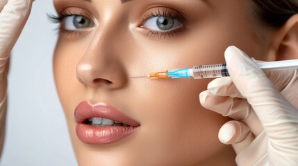 Portrait of a young beautiful woman on a filler injection procedure on white background