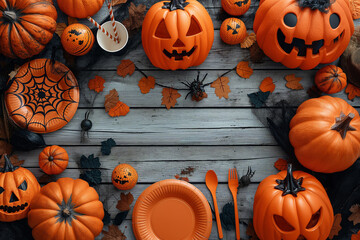 Halloween party. banner background. View from above. Halloween table setting with Jack-o-lantern, cobwebs, spiders and skulls. Holiday concept.
