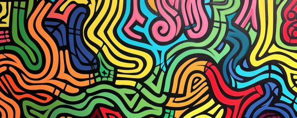 Abstract colorful pattern of swirling lines and shapes.