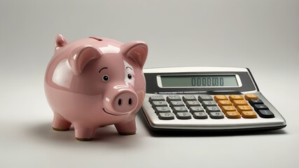 A cute pink piggy bank wearing glasses and a calculator next to it. Perfect for finance and money-related concepts. Crisis and inflation. Cost Management