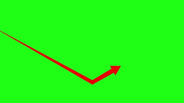 Animation of an arrow moving from left to right straightly, hitting down and then bouncing back up on a green screen