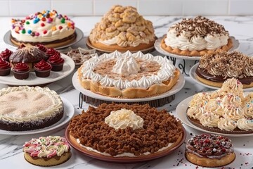 Delicious assortment of homemade pies and pastries arranged on a rustic wooden table in a cozy kitchen setting
