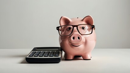 A cute pink piggy bank wearing glasses and a calculator next to it. Perfect for finance and money-related concepts. Crisis and inflation. Cost Management